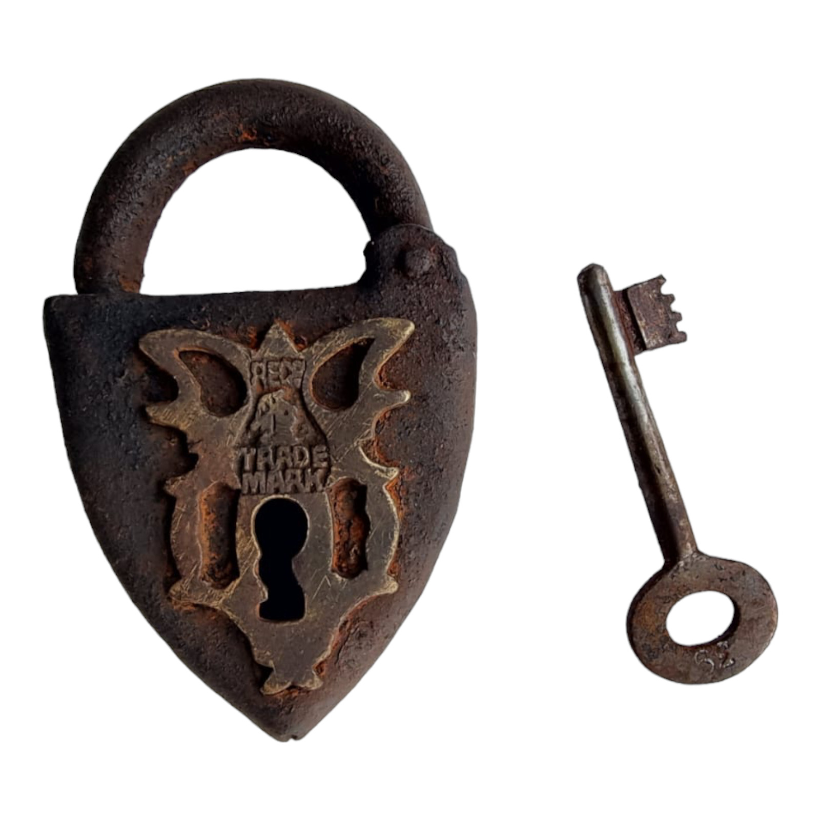 1850's Old Antique Solid Strong Heavy Iron Unique Heart Shape Lock & Key