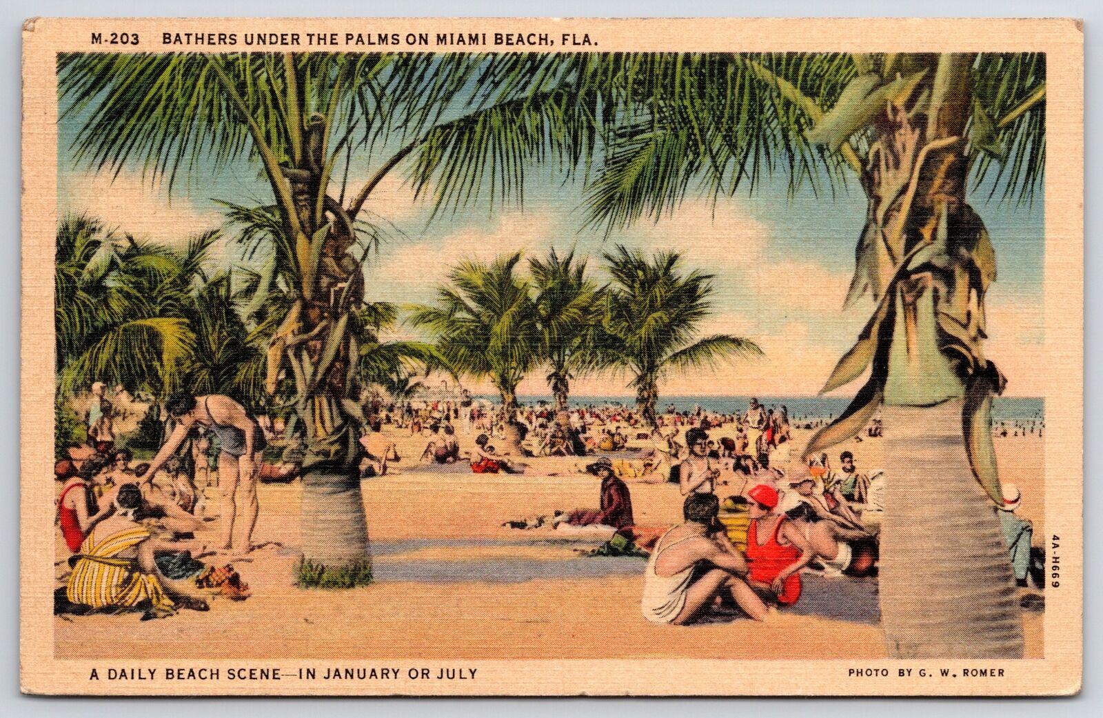 1940\'s Bathers Under The Palms On Miami Beach Florida FL Crowded Posted Postcard
