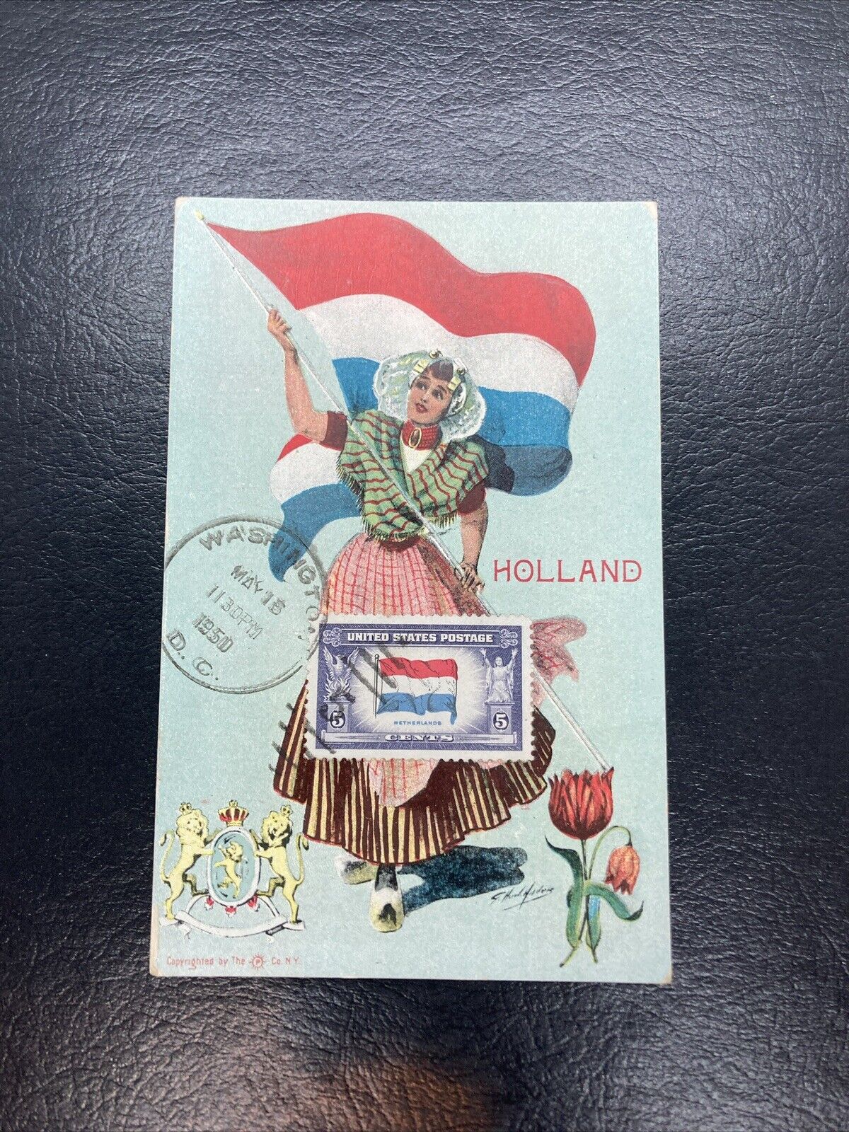 Signed Artist Postcard Holland Woman With Flag Flowers Embossed 1950 Rare Stamp