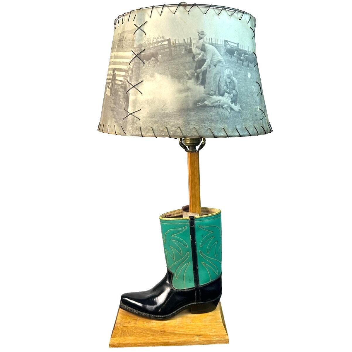 Western Cowboy Boot Vintage Lamp Turquoise Cellulose Western Ranch Shade-Mint