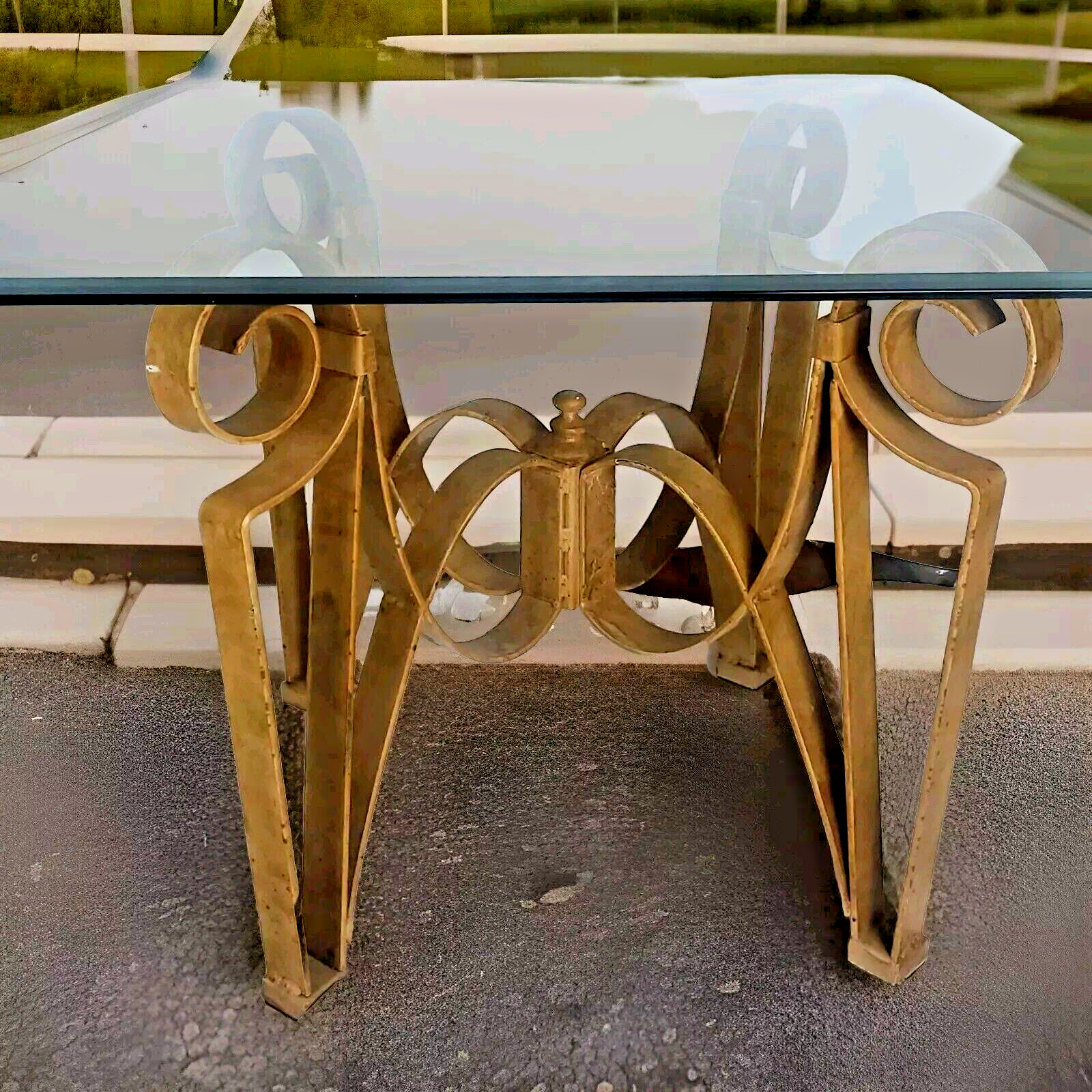 Vintage Mid Century Hollywood Regency Gold Gilt Iron Scroll Glass Table Mexico