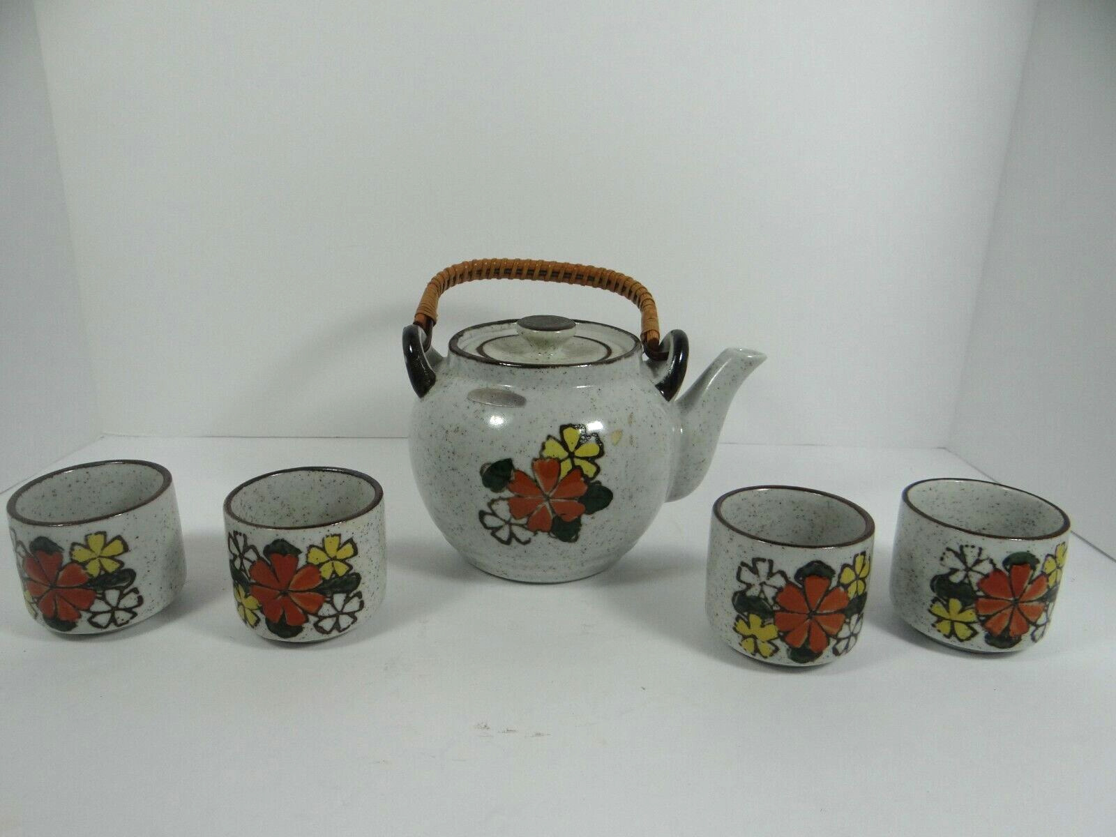 Vintage Otagiri Floral Stoneware Tea Set Tea Pot 4 Cups Rattan Handle Japan 
