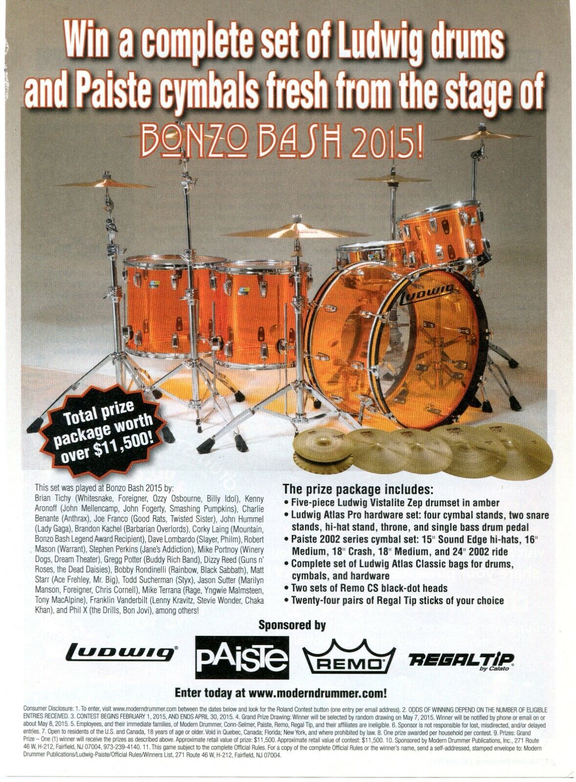 2015 Print Ad of Ludwig Vistalite Zep Bonzo Bash Played Drum Kit Contest