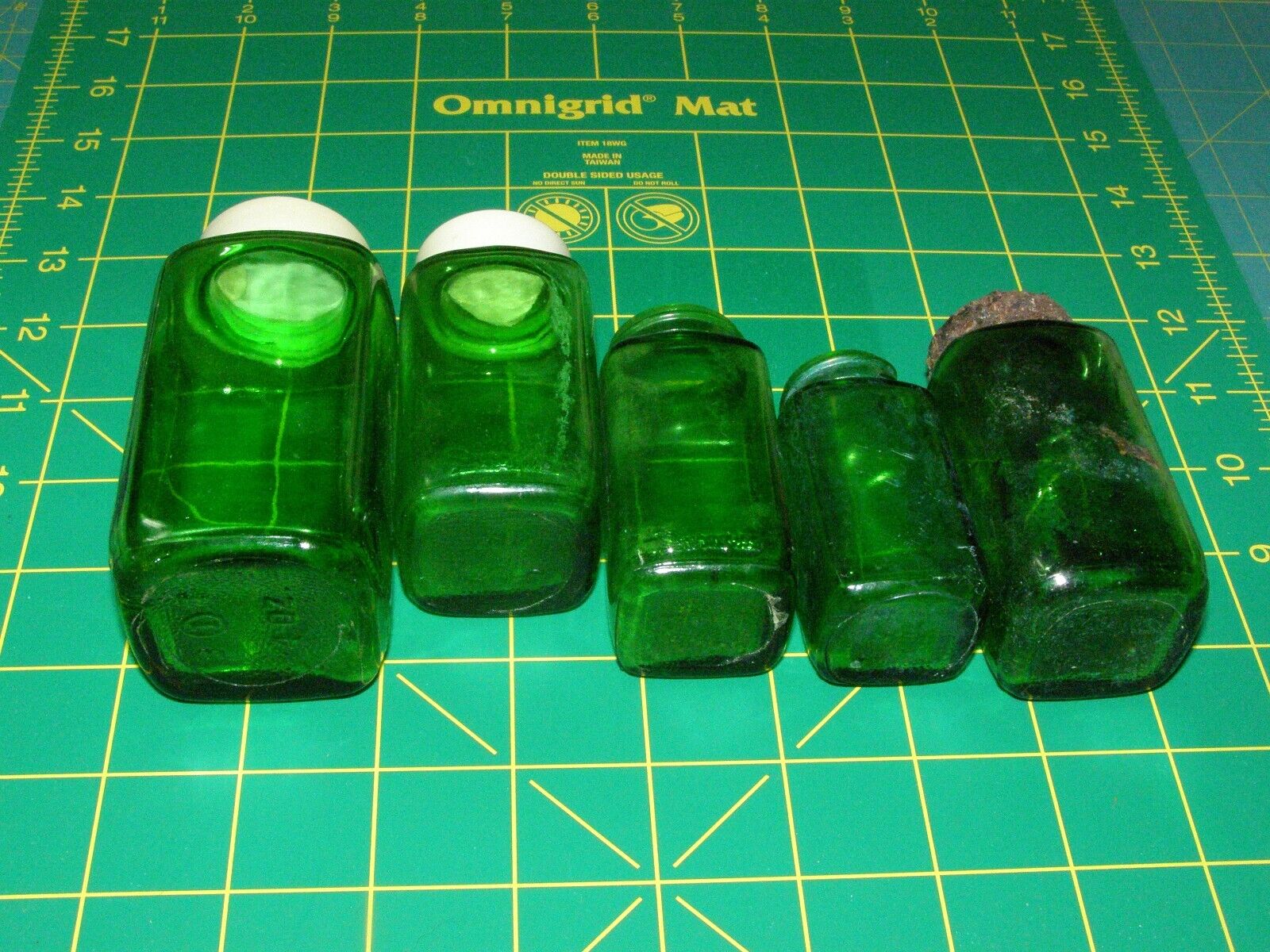 Vintage Green Bottles - 5 Bottles - 3 w/ Lids - All in Good Shape