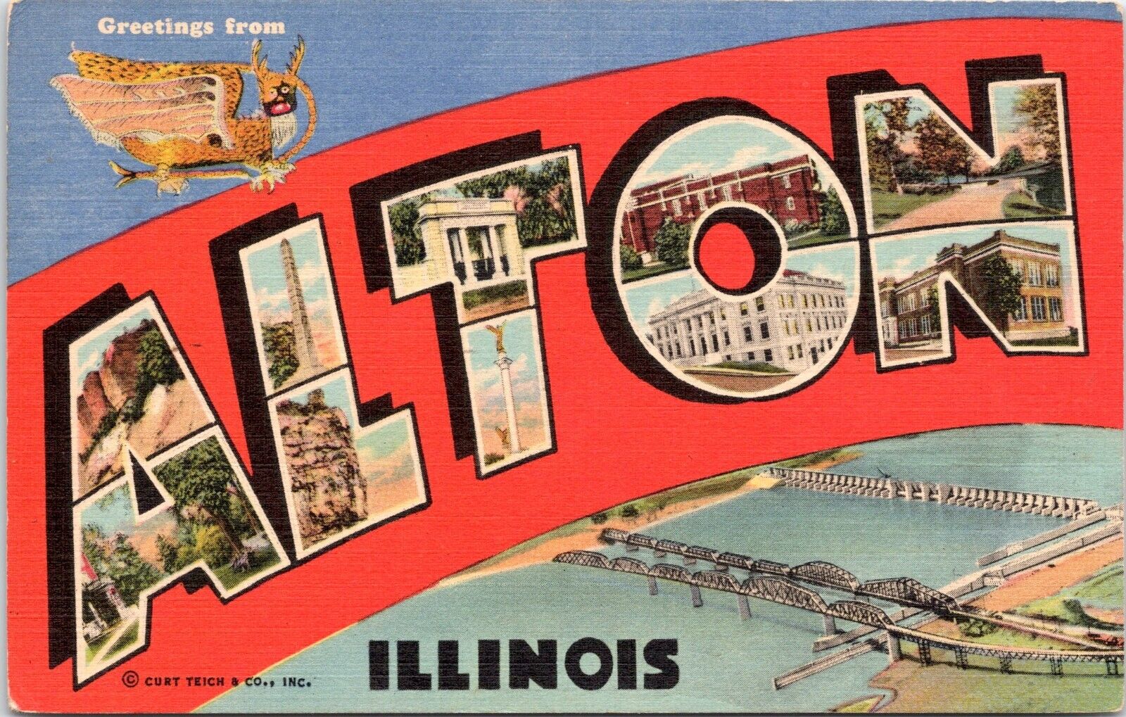 Large Letter Greetings from Alton, Illinois - 1945 Linen Postcard Curt Teich