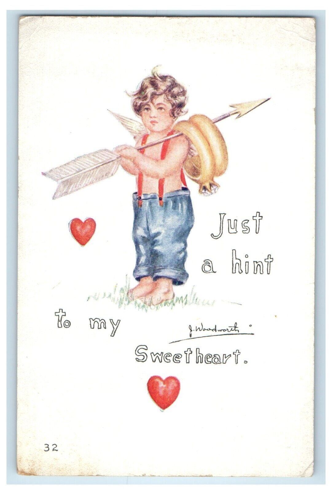 c1910's Valentine Cupid Angel Jumper Arrow Rings Heart Unposted Antique Postcard