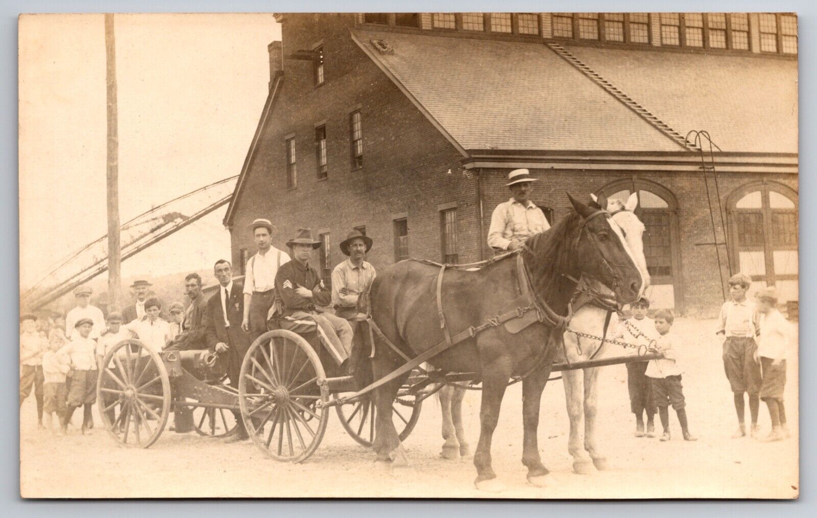 Horse Wagon Men & Children Factory? Dover New Jersey c1913 Real Photo RPPC