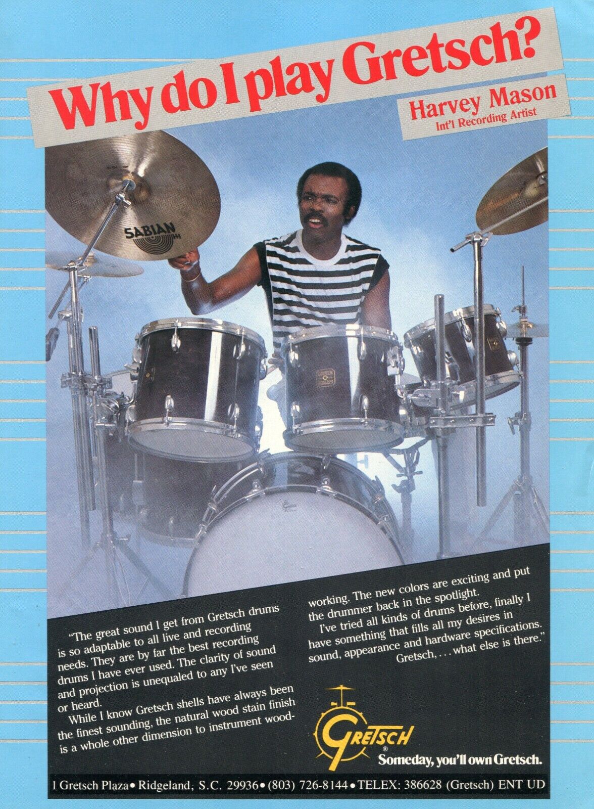 1987 Print Ad of Gretsch Drum Kit w Harvey Mason