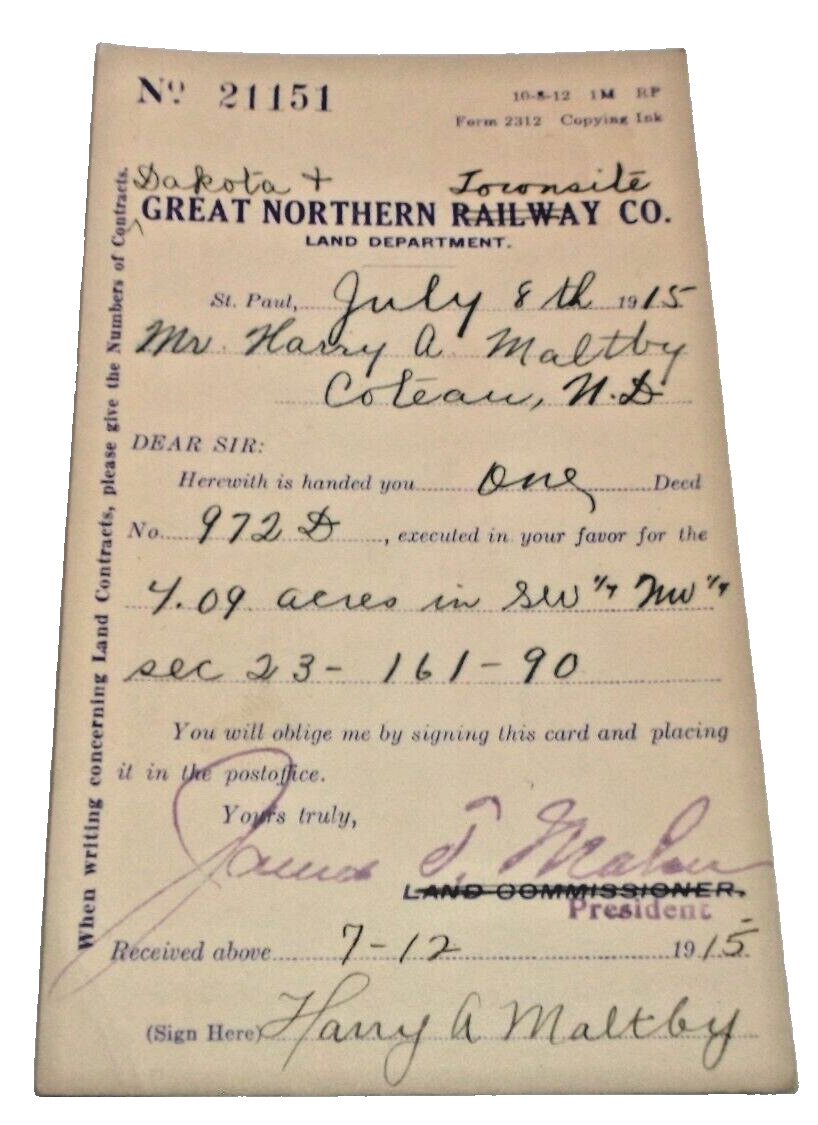 JULY 1915 GREAT NORTHERN RAILROAD COTEAU NORTH DAKOTA LAND DEED POST CARD