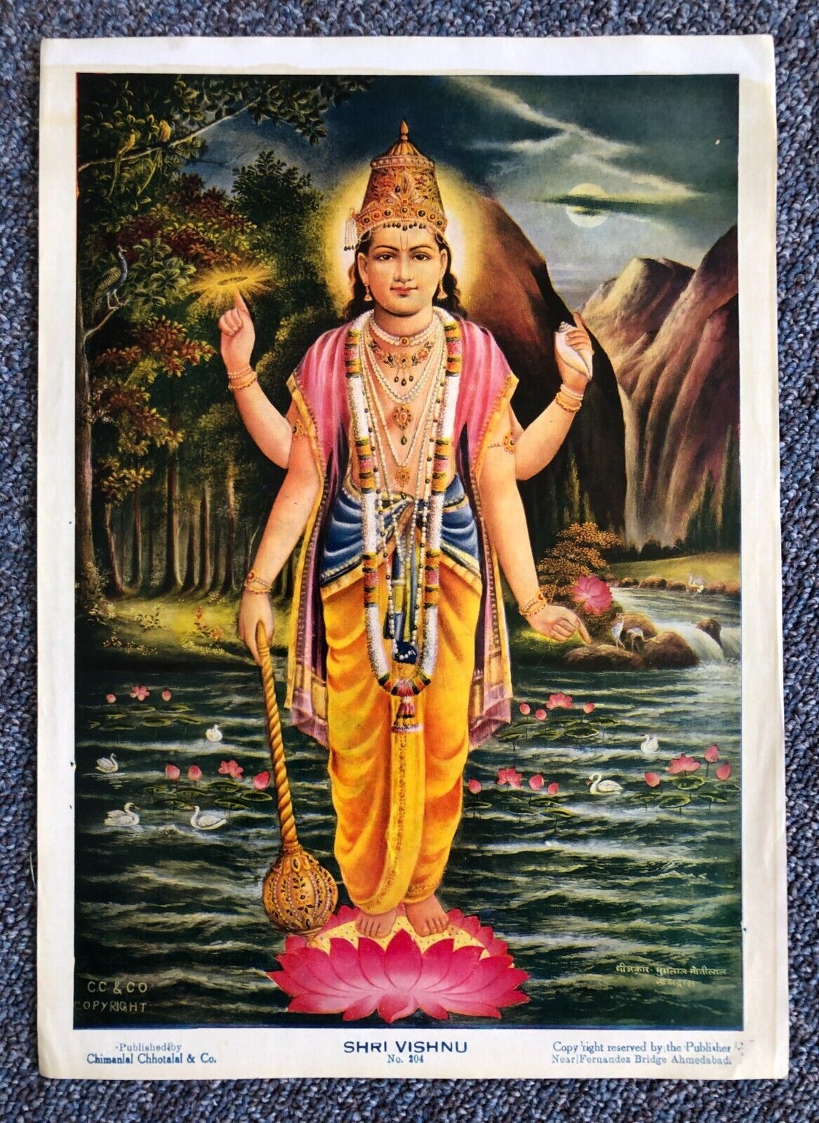 (1025) Rare Antique Hindu Art Print from India, c. 1940s: Lord Vishnu