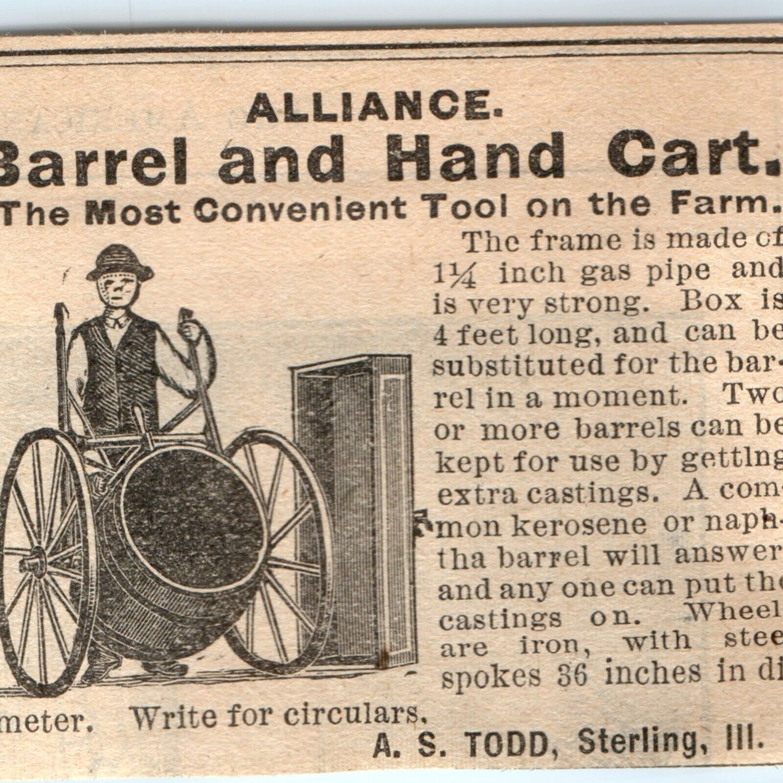 1890 Sterling, IL Alliance Barrel Hand Cart Print Ad Engraved Wheelbarrow C38