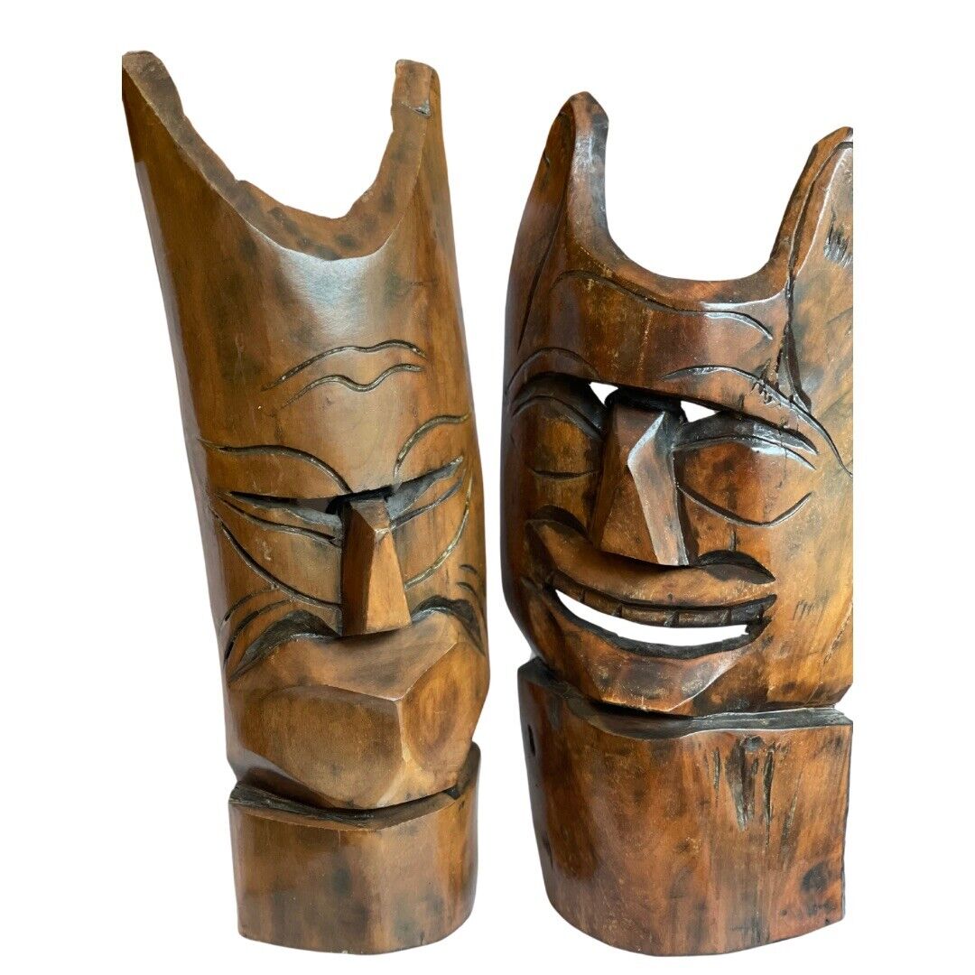 Two Large Tiki Masks Hand Carved Wood Hanging Wooden Art Decor Vintage Hawaiian