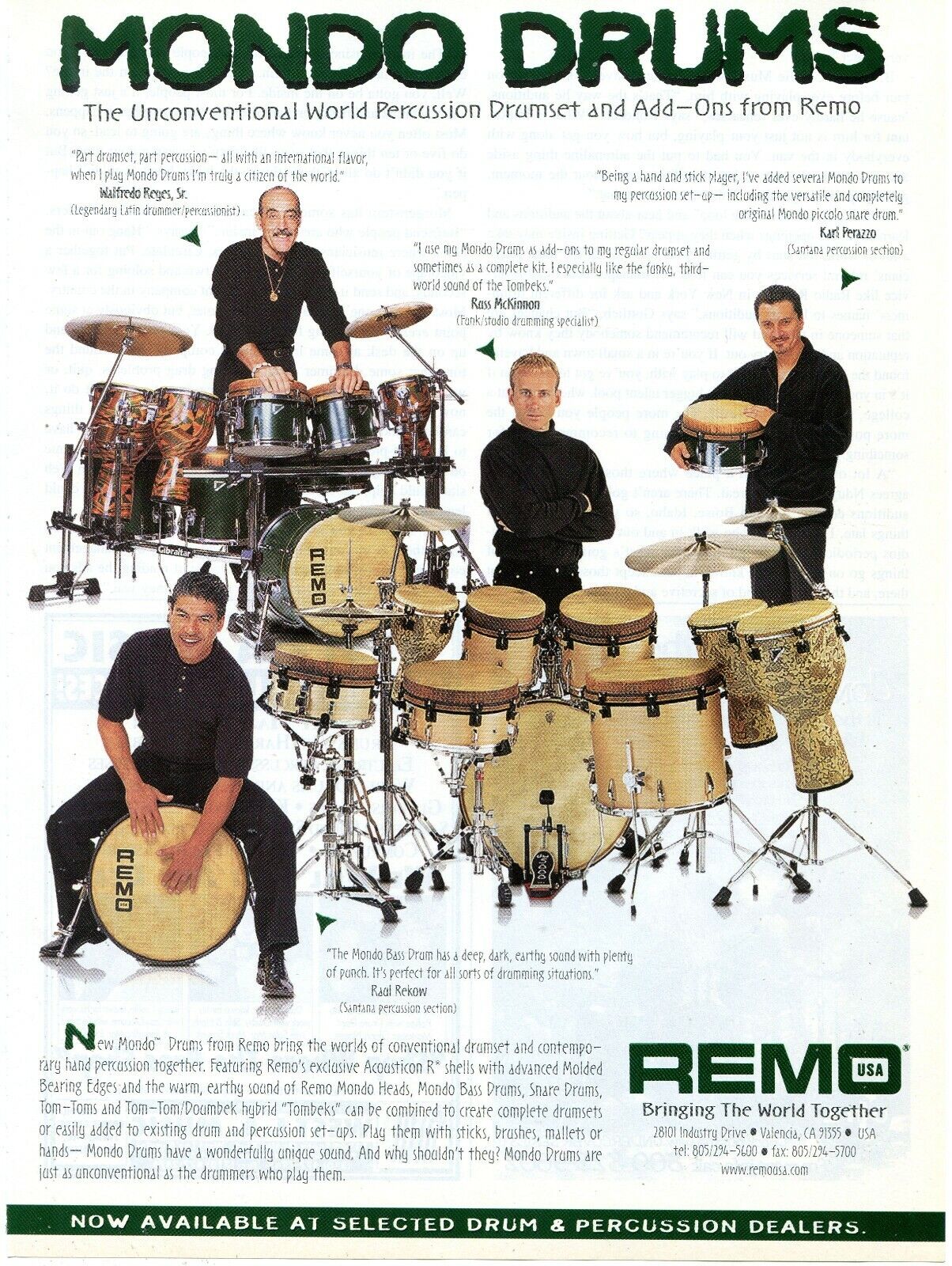 1997 Print Ad of Remo Mondo Drums w Russ McKinnon, Karl Perazzo, Raul Rekow