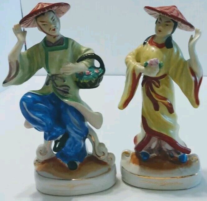 Vintage Hand Painted Porcelain Oriental Figurines Made In Occupied Japan 7.5\