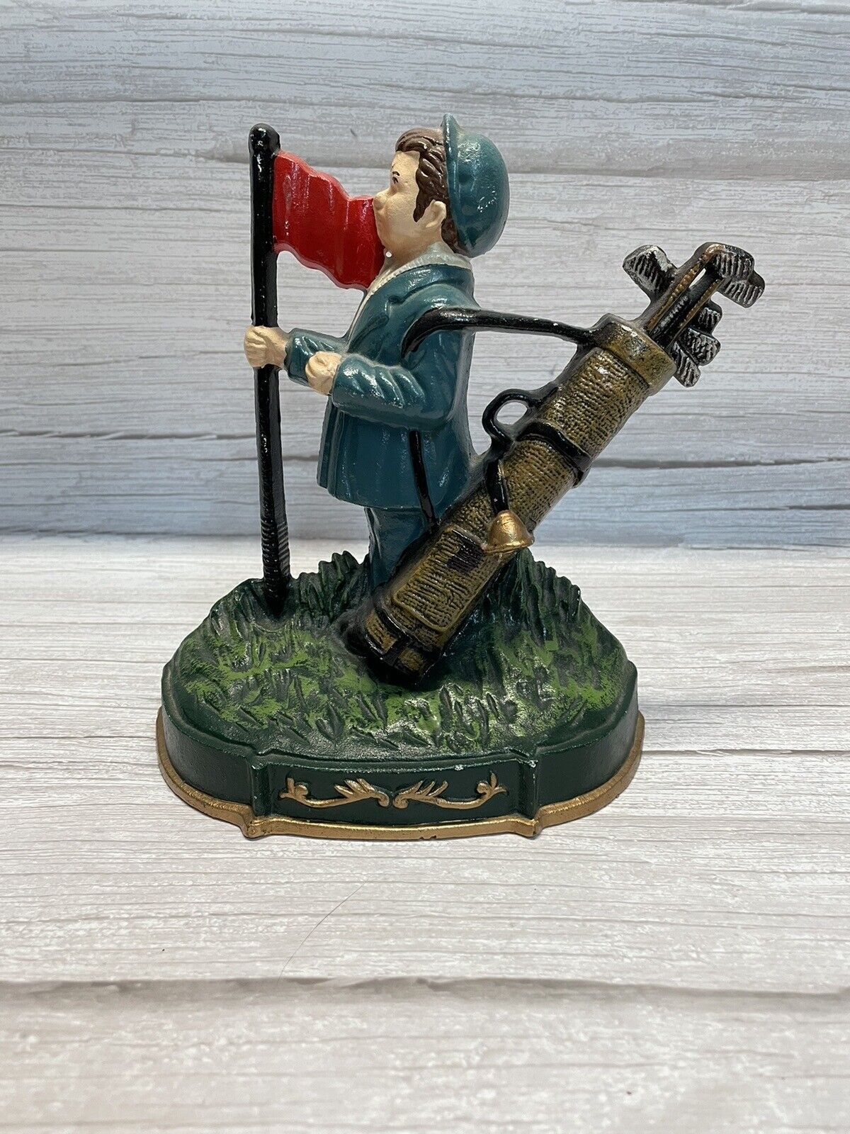 Vintage 50s Cast Iron Golfer w/ Flag & Clubs Hand Painted Door Stop