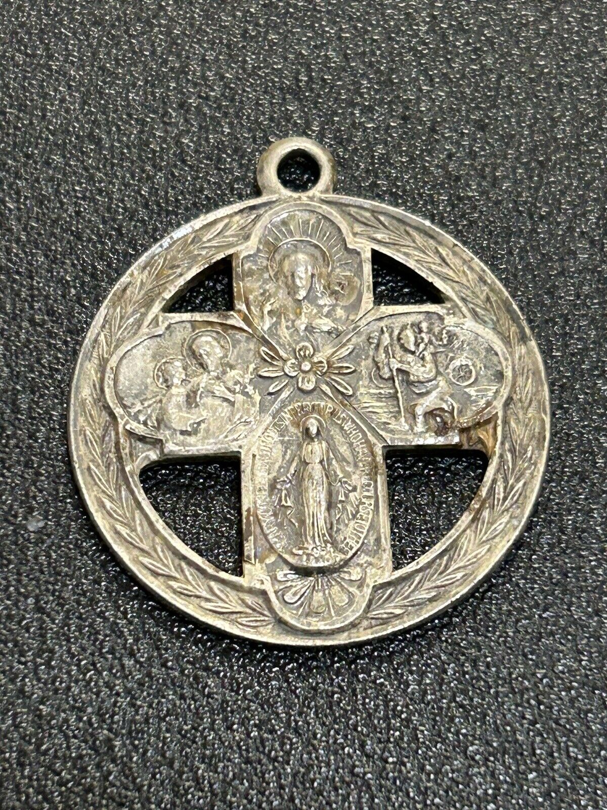 Antique Sterling Silver 4 Way Cross Medal Charm Catholic