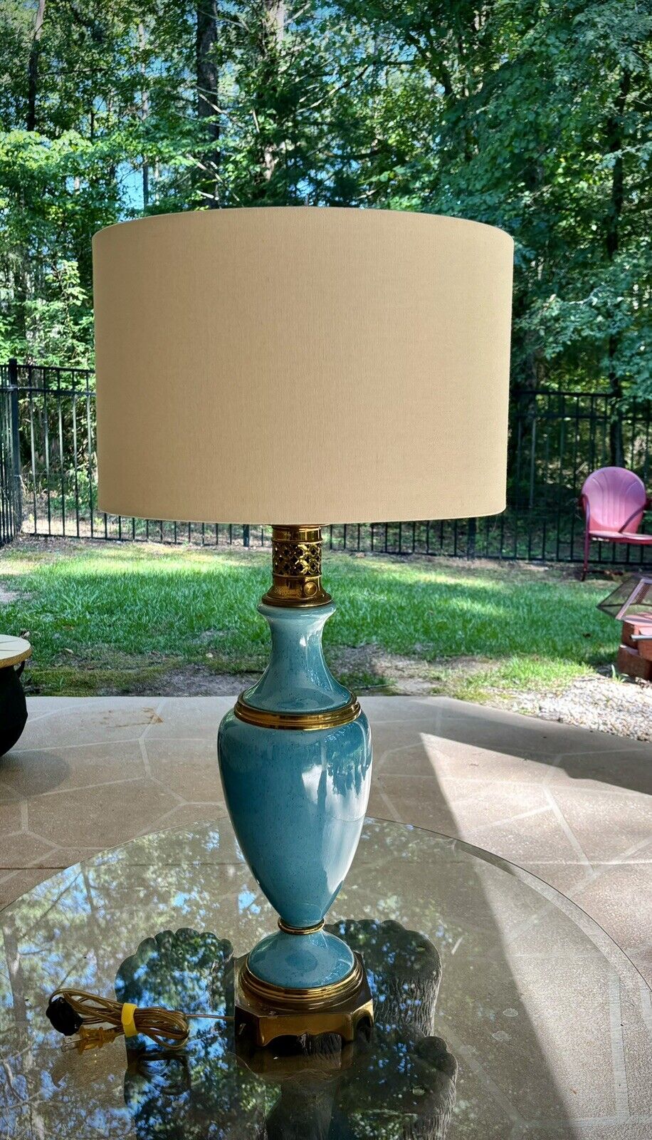 Paul Hanson Large Aqua Blue Table Lamp with Brass Base and Accents MCM Style