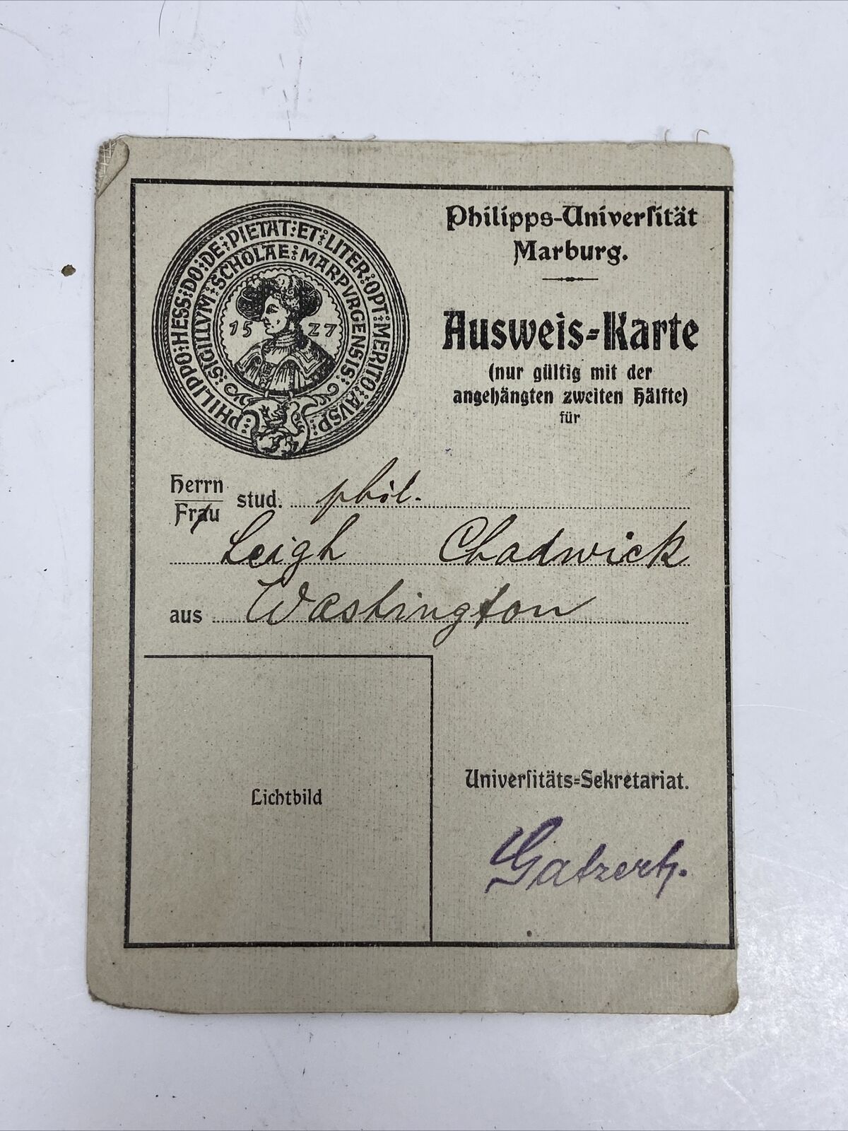 1920\'s German Philipps Marburg University ID Card Vintage Antique Ephemera