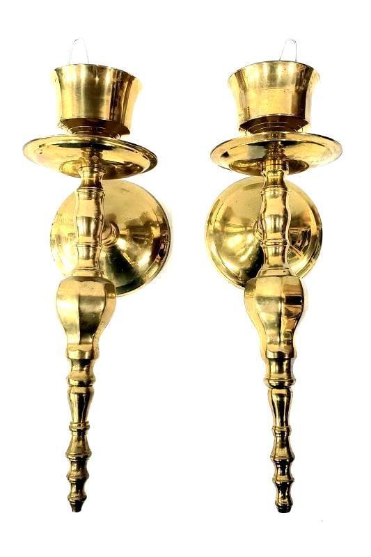 Lacquered Brass Wall Mount Candle Sconces Vintage Pair 9.75in Tall