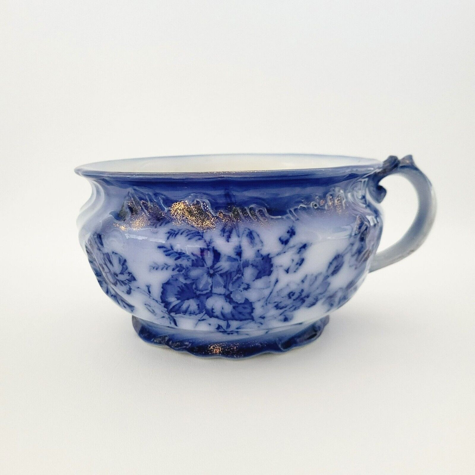 Antique Flow Blue Floral Chamber Pot, Gold Accents, Embossed Edges, c.1840-1915