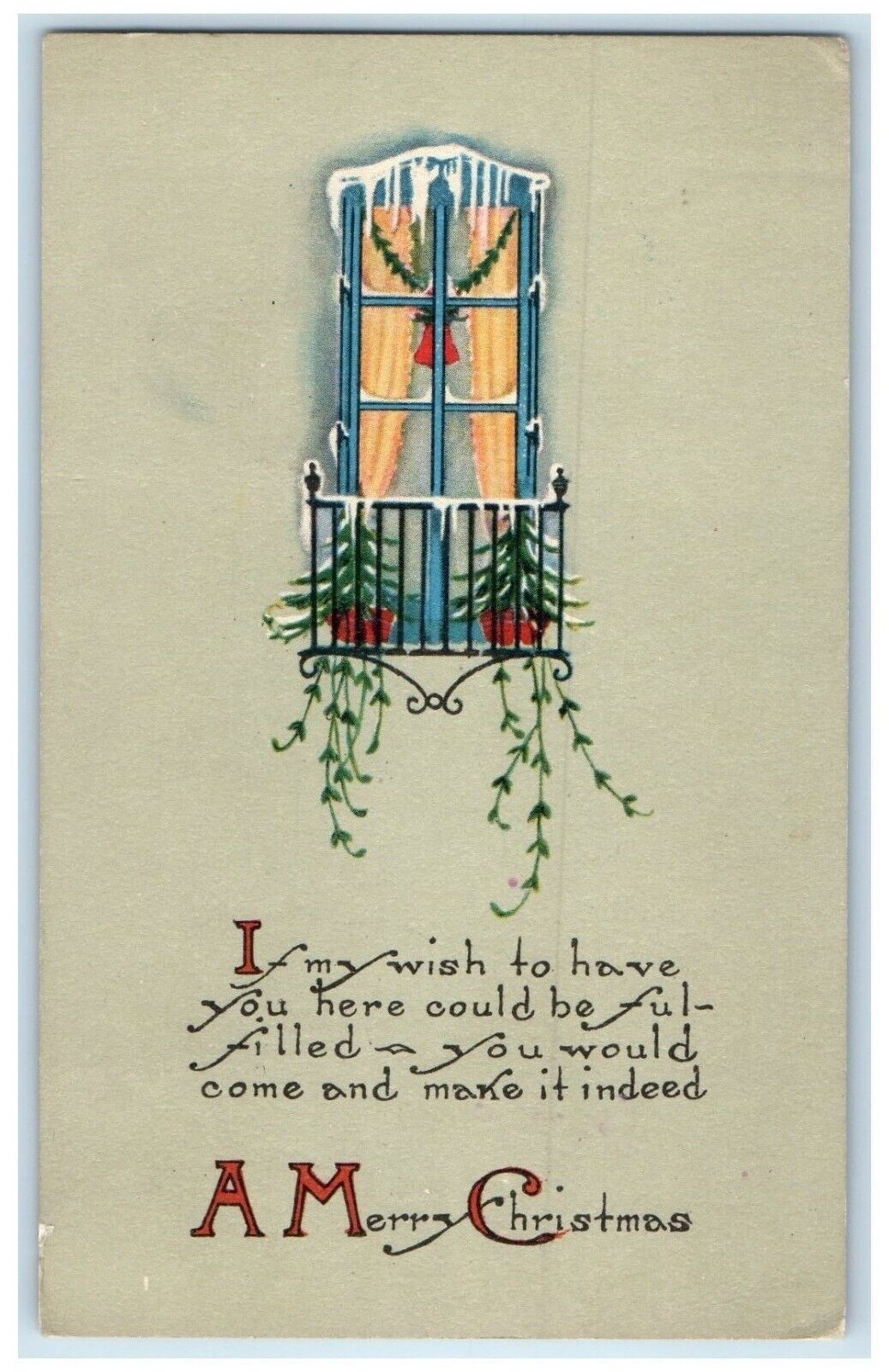 1924 Merry Christmas Bell On Window Westhope North Dakota ND Vintage Postcard