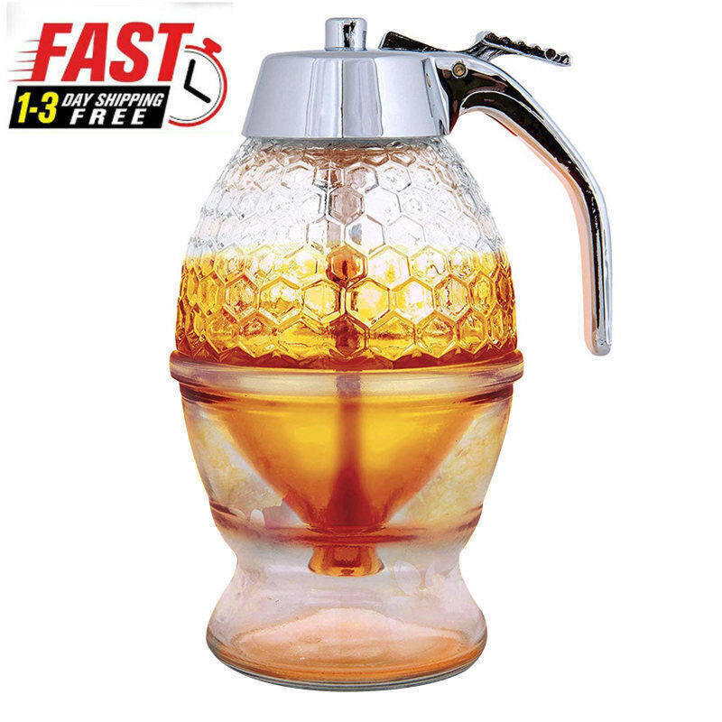 Honey Dispenser No Drip Glass- Maple Syrup Dispenser Glass- Honey Jar with Stand