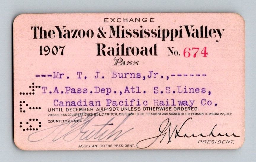 1907 YAZOO & MISSISSIPPI VALLEY R.R. RAILROAD PASS