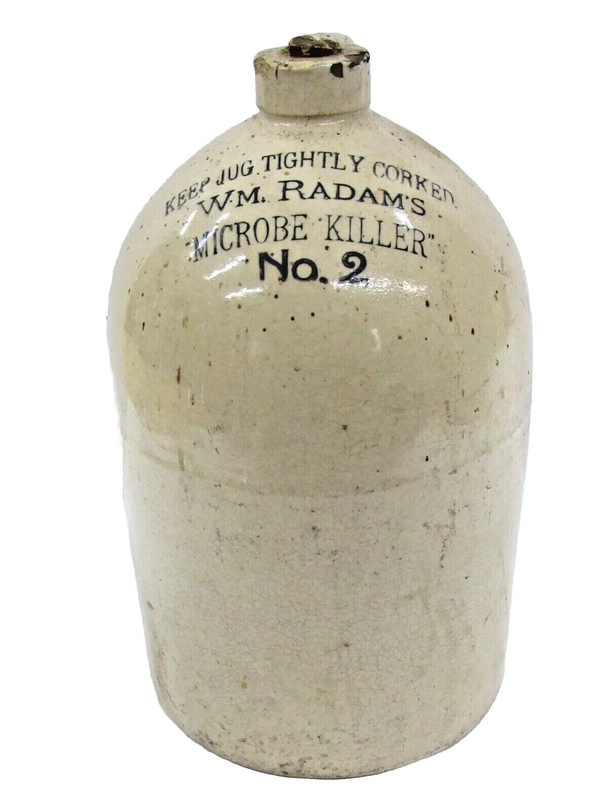 Antique Late 1800’s Stoneware Jug Wm. Radam's Microbe Killer No. 2 Quackery Meds