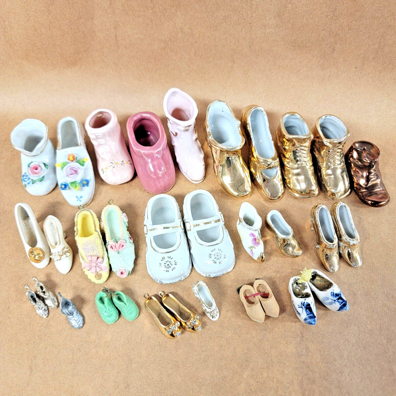 Vintage Miniature Shoe Lot of 32 Pc Mixed Ceramic Porcelain Wood Resin and Metal