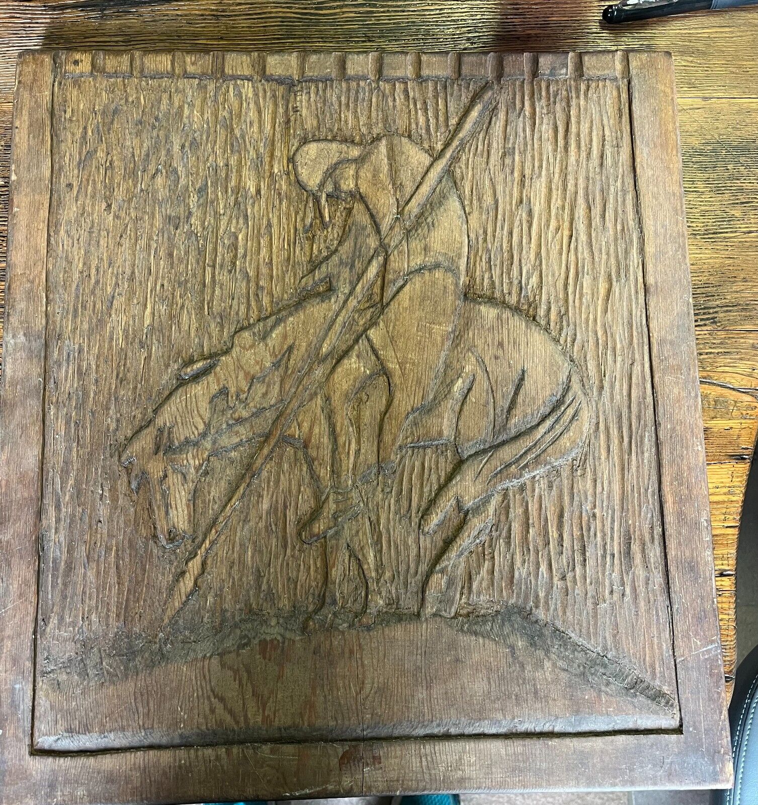 END OF THE TRAIL WOOD PANEL CARVING  WALL HANGING  17