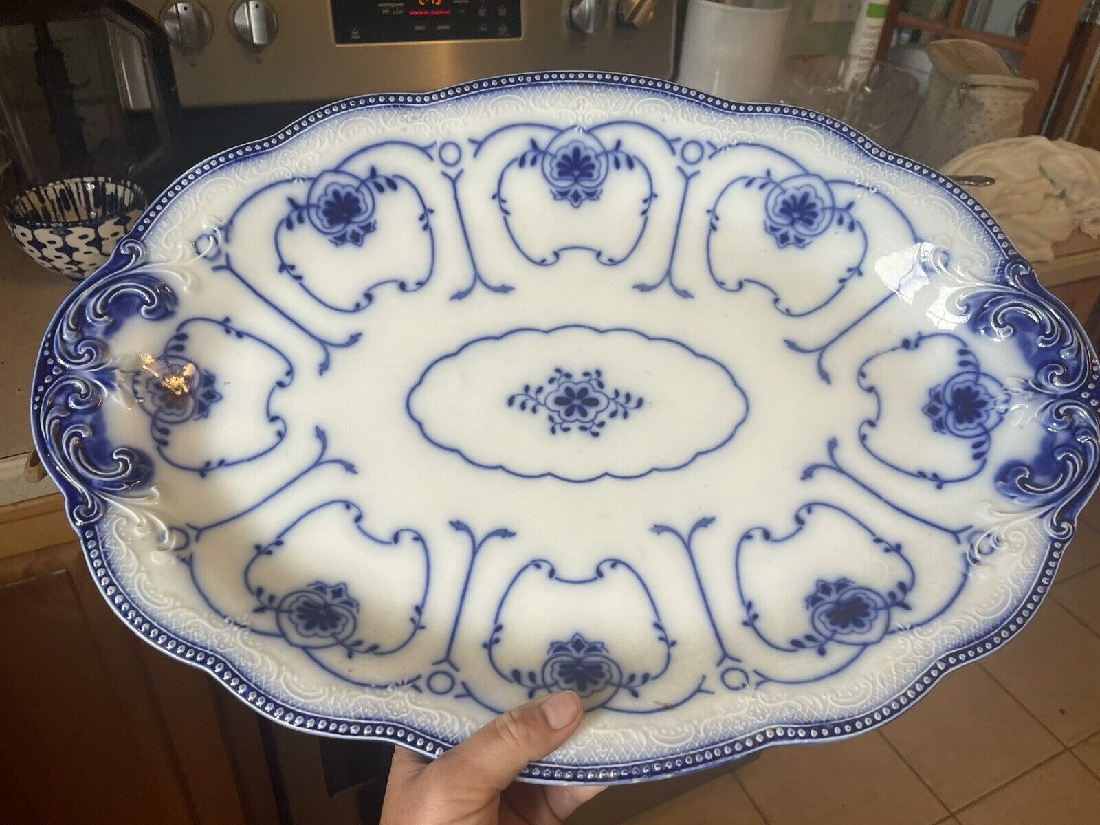 WH Grindley Flow Blue Platter Beaufort Pattern XL Oval 18 “Antique 1899