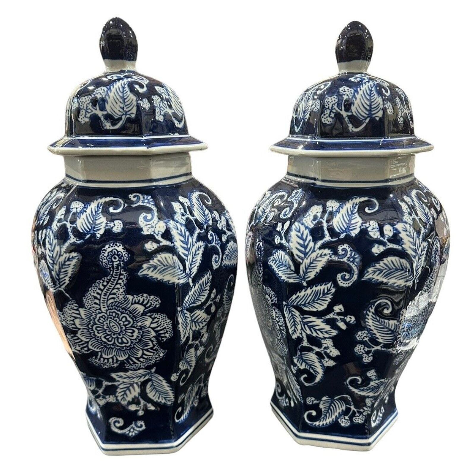 Pair of 15” Paisley Blue & White Temple Chinoiserie Hexagon Jars Removable Lids