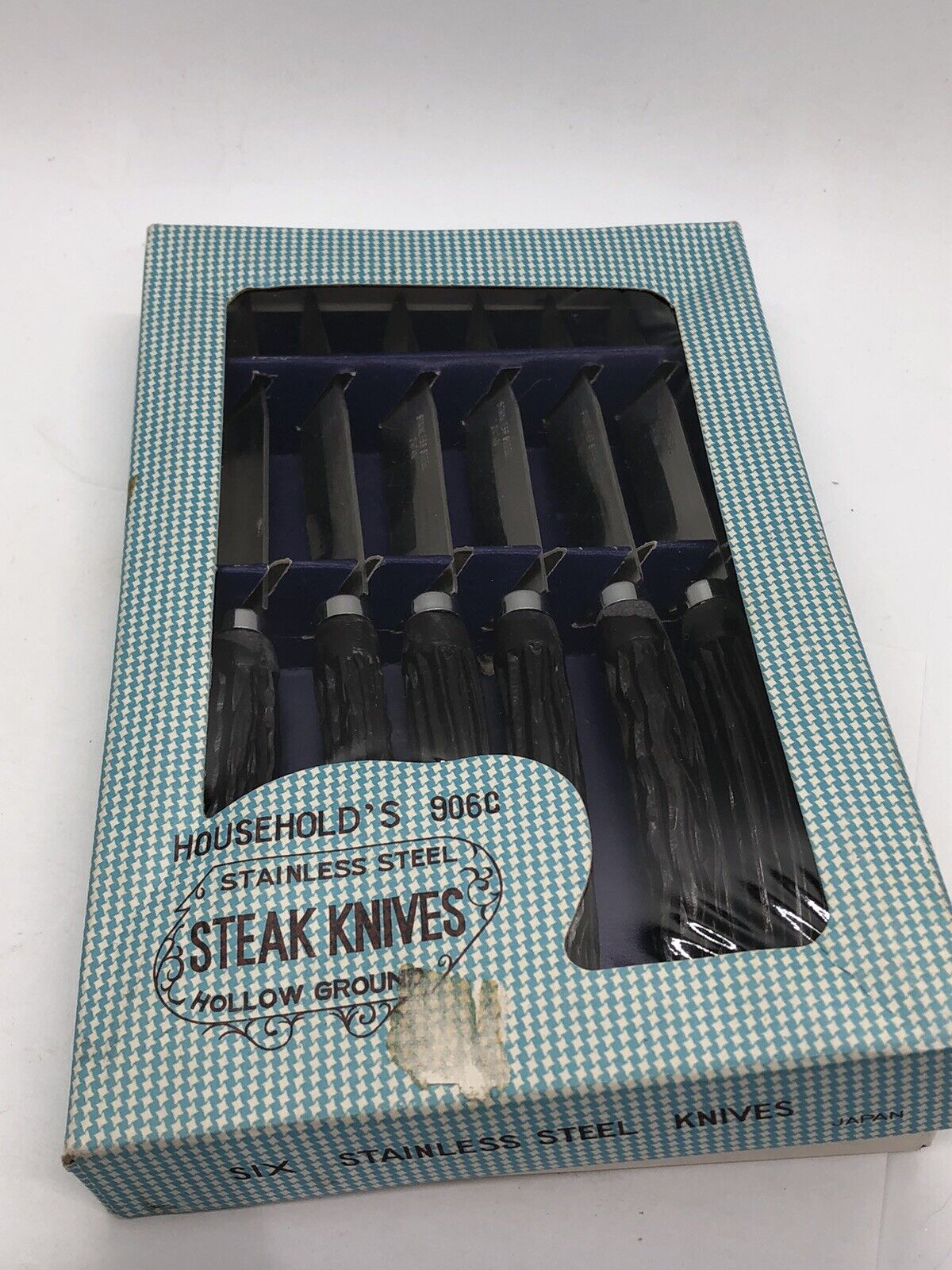 Vintage Japan stainless steak knives in box faux horn