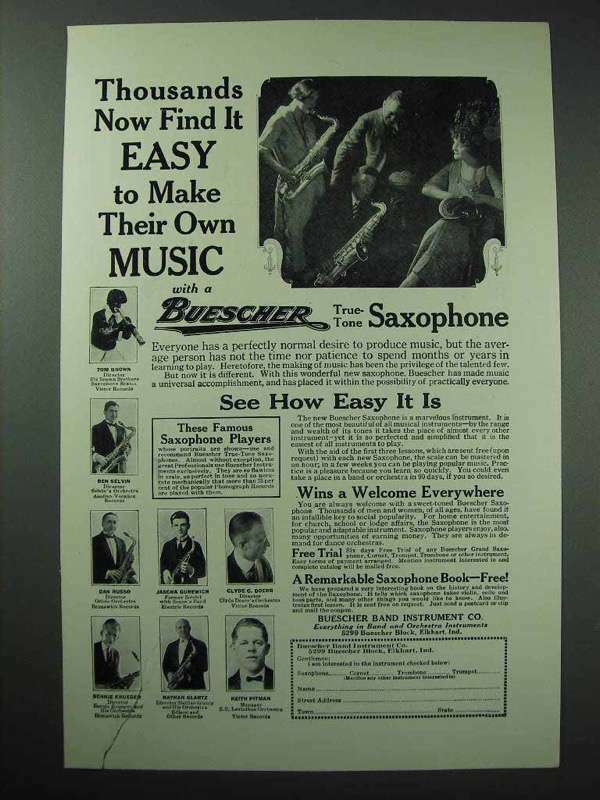 1923 Buescher True-Tone Saxophone Ad - Tom Brown