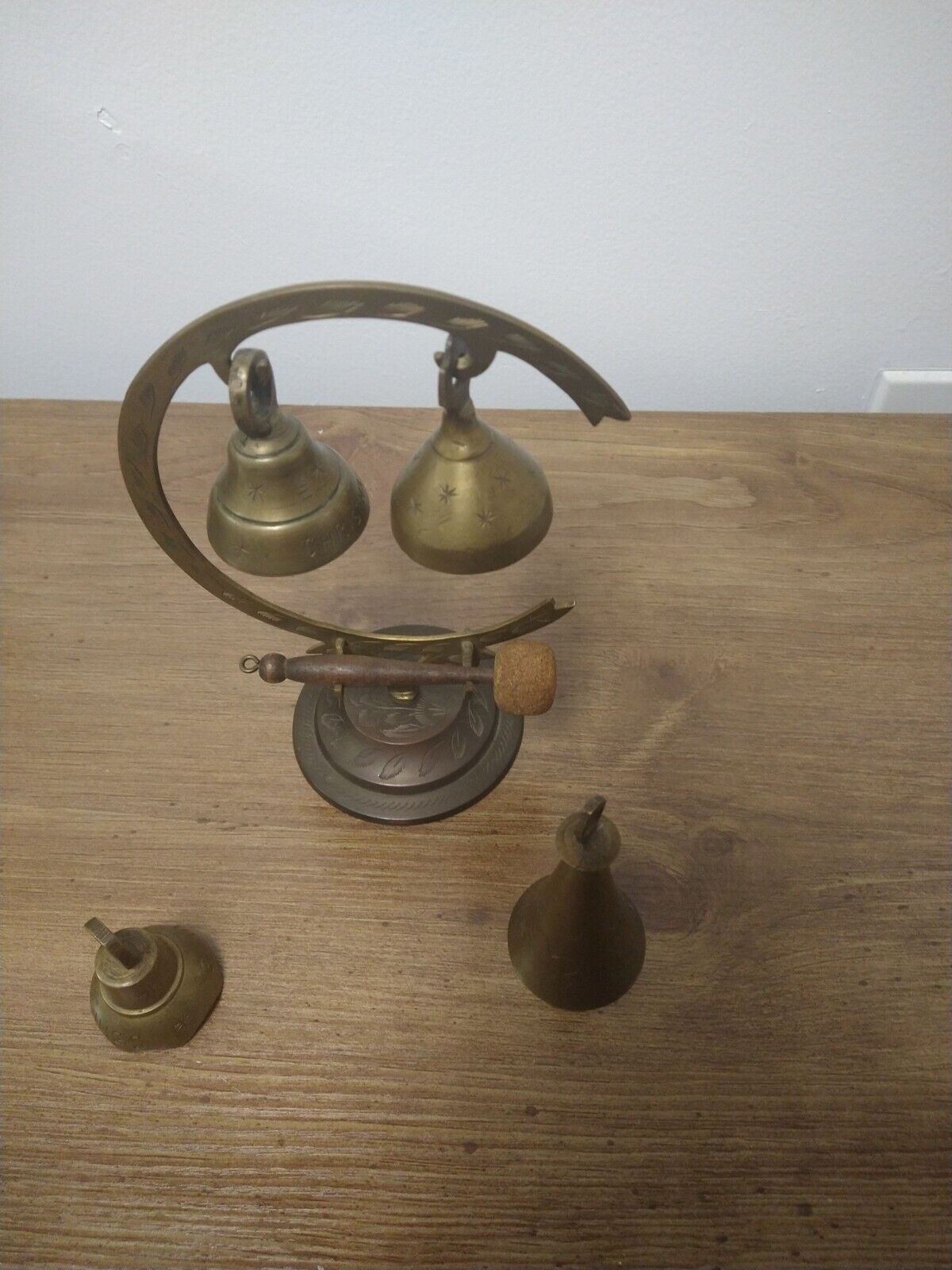LOT OF 4 Vintage Brass Sarna Christmas Bells And Clover With Stand India Etched 