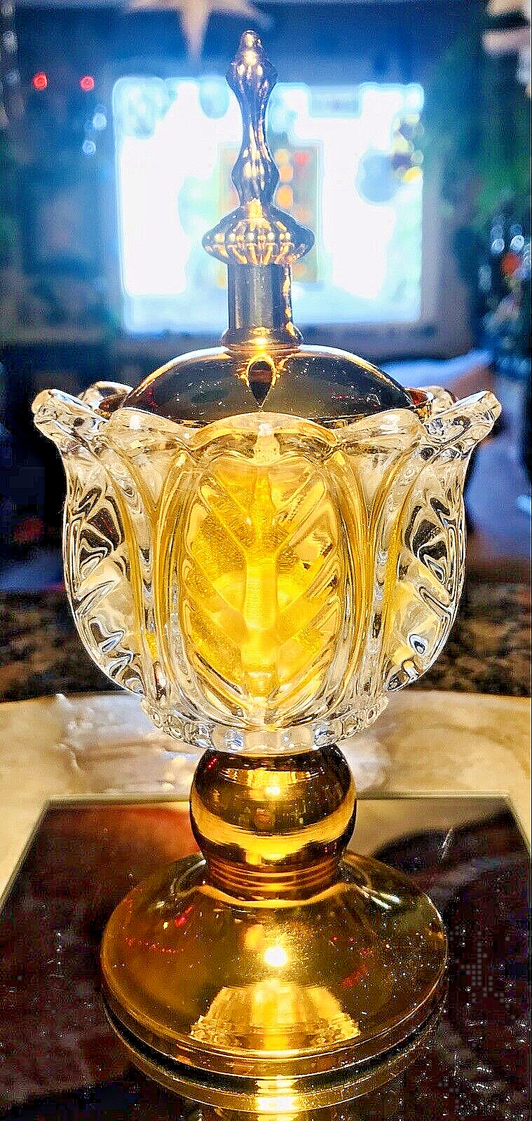Vintage Bohemian Cut Glass Golden Cup Temple Sage Incense Pedestal Burner