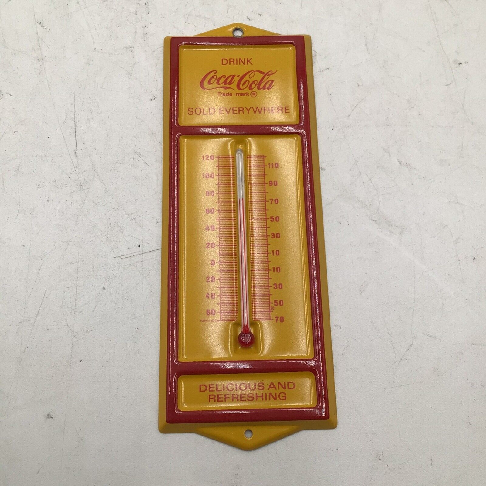 Vintage 1970s Drink Coca Cola Sold Everywhere Metal Thermometer Sign 6.75