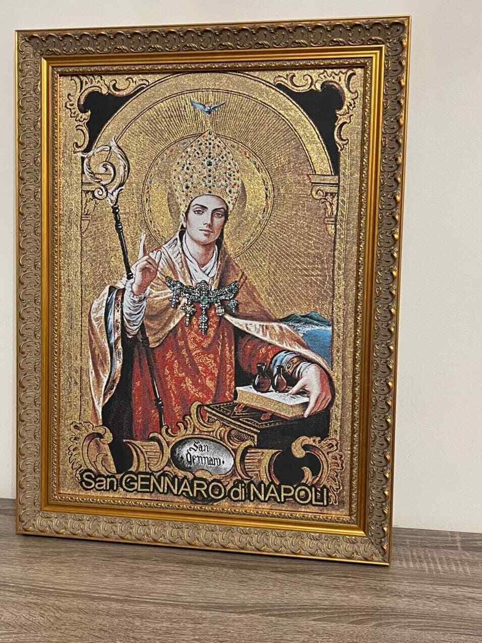 Religious icon banner Of San Gennaro Di Napoli Pure Cotton In Wood Frame ITALY