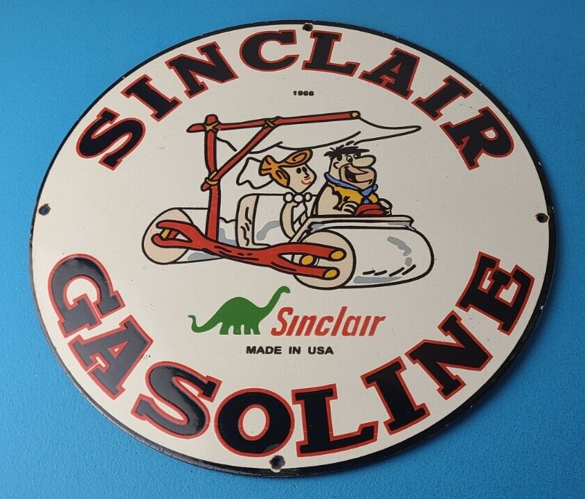 Vintage Porcelain Sign - Sinclair Gasoline Flintstones Advertising Gas Pump Sign