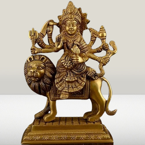 Brass Durga Idol Sitting on Lion I Religious Goddess I Maa Durga