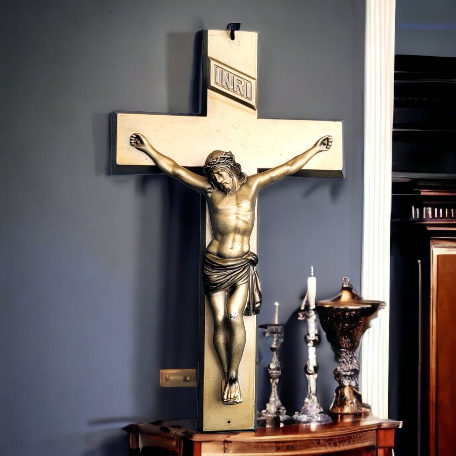 Vintage 50s Crucifix HEAVY Cast Metal Bronze Jesus 13x8\