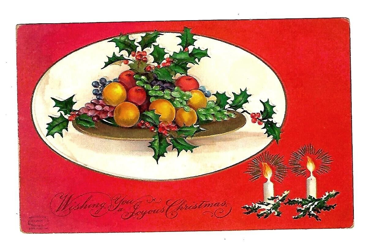 c1911 Wolf Singed Clapsaddle Christmas Postcard Plate of Fruit, Candles Embossed