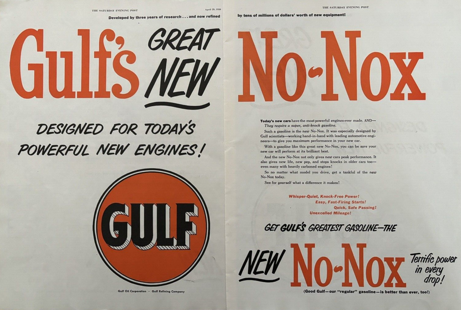 GULF OIL CORPORATION /REFINING CO.NO-NOX GASOLINE VINTAGE 2 PAGE PRINT AD 1950