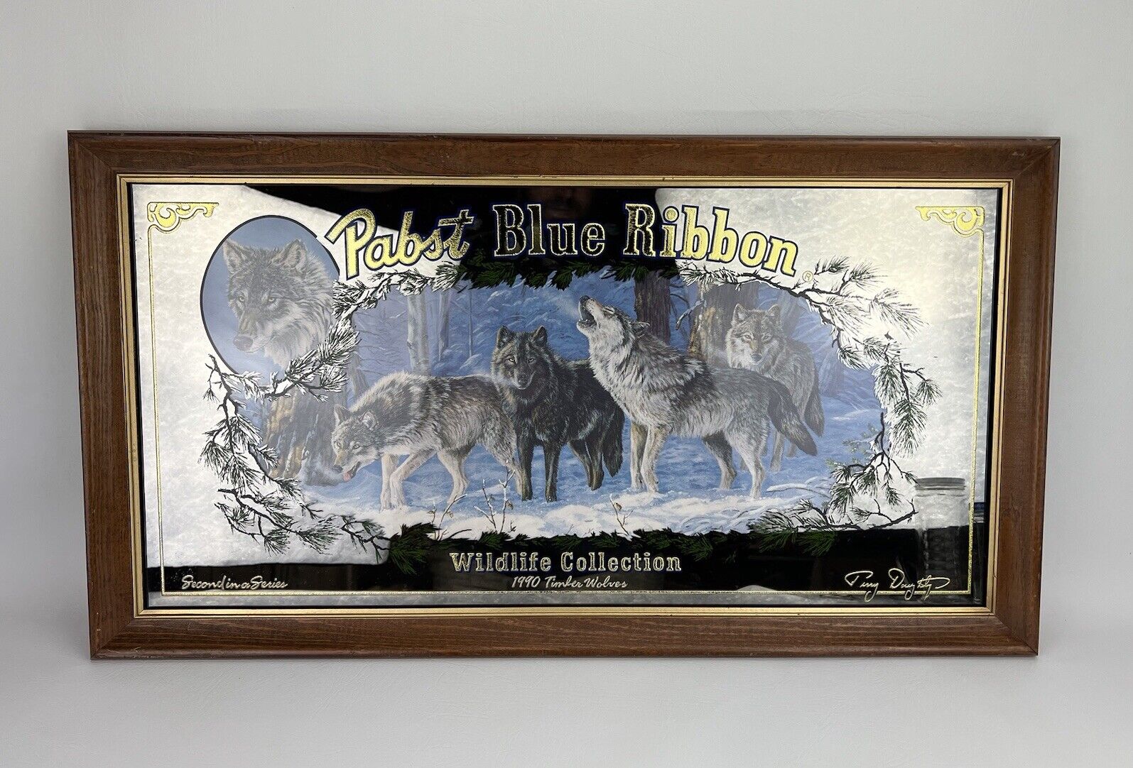 Vintage Pabst Blue Ribbon Timber Wolves Bar Mirror Wildlife Collection 1990