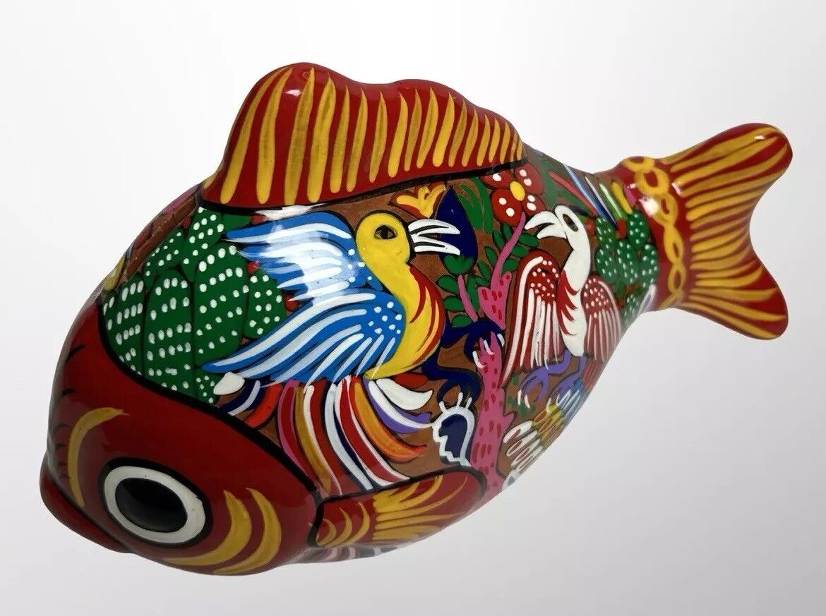 Vintage Terra Cotta Pottery Hand Painted Talavera Style Fish Piggy Bank Mexico
