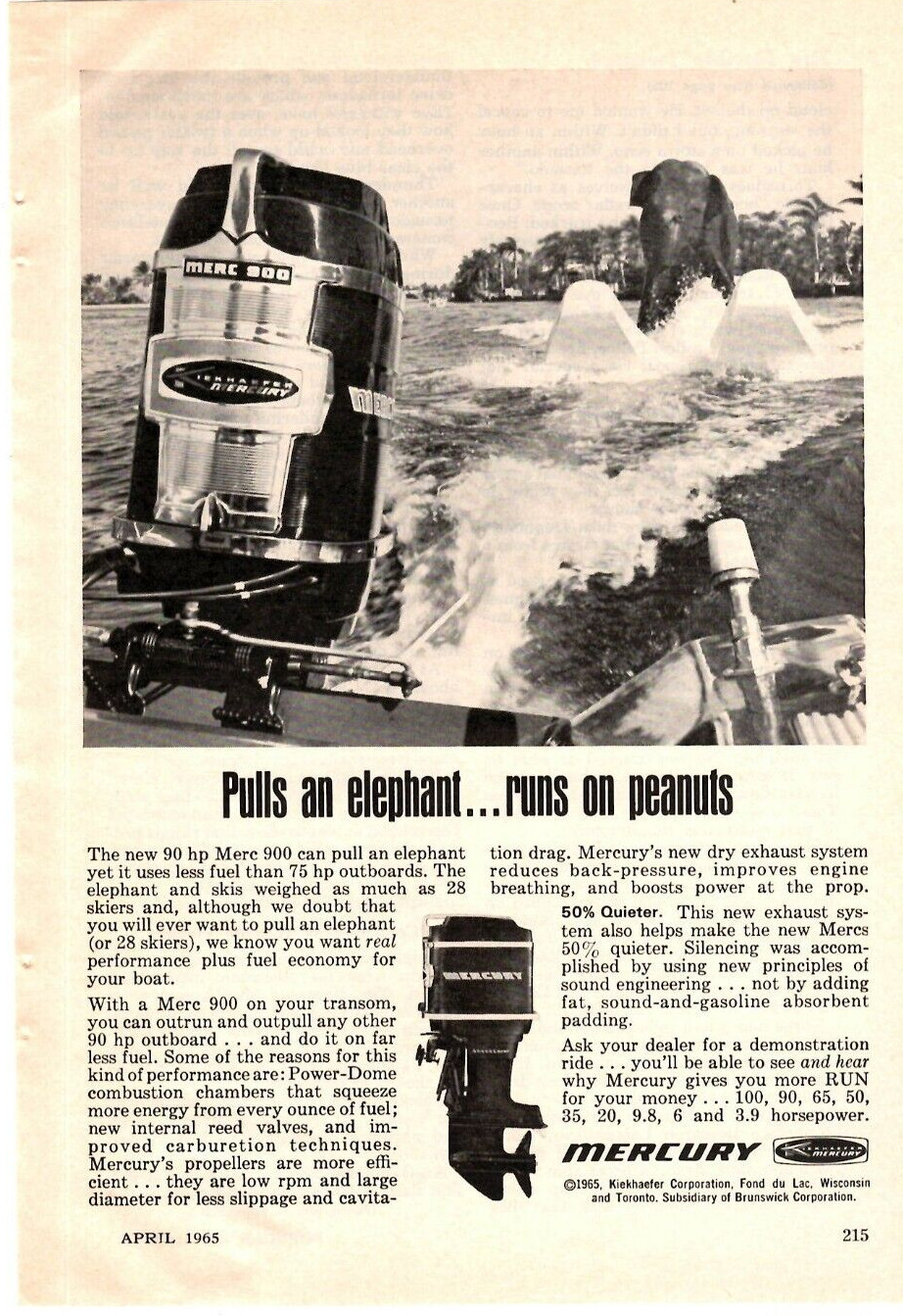 1965 Print Ad  Kiekhaefer Mercury 90 HP 900 Pulls an elephant runs on peanuts