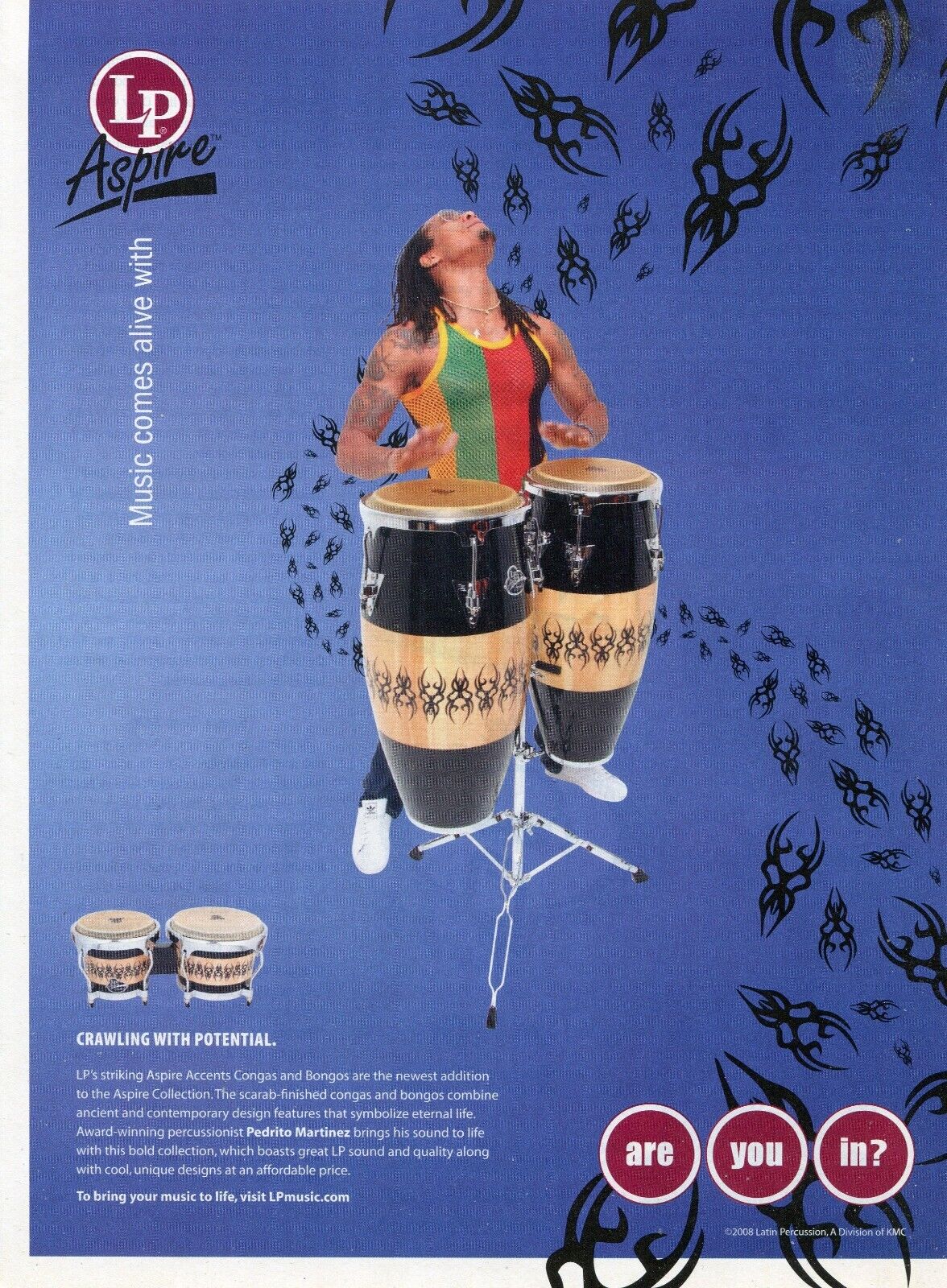 2008 Print Ad of Latin Percussion LP Aspire Accent Congas w Pedrito Martinez