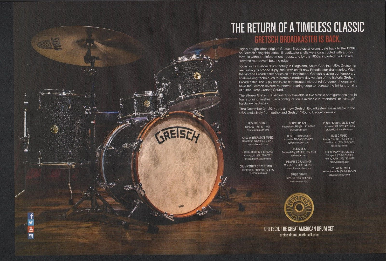 2014 2pg Print Ad of Gretsch Broadkaster Drum Kit