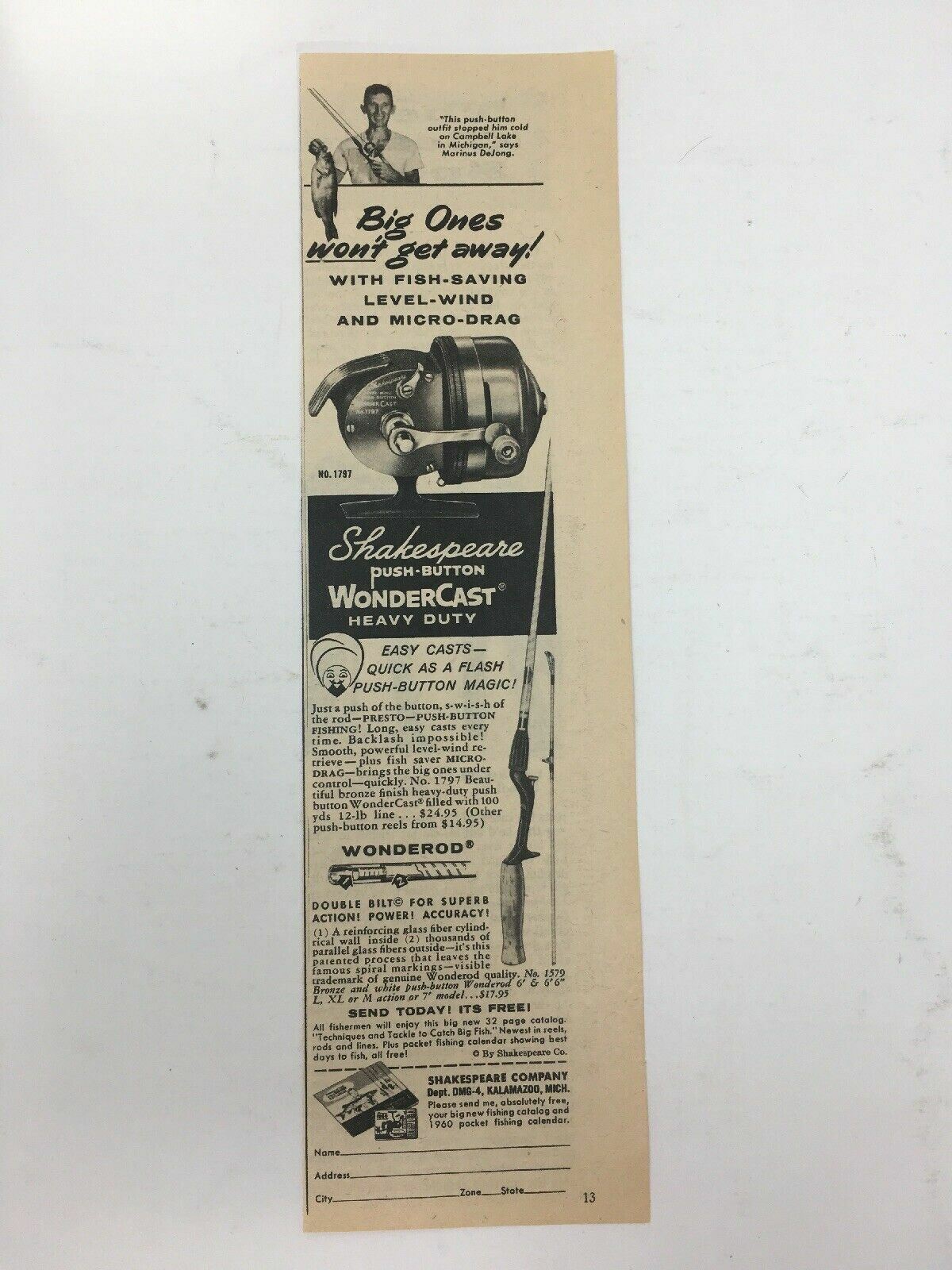 1960 Shakespeare Push Button Wonderod WonderCast Fishing Rod Print Ad