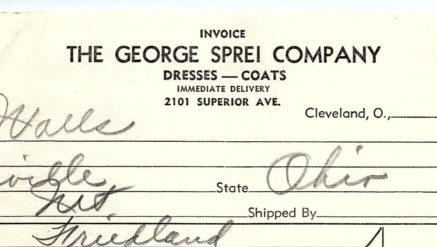 1939 THE GEORGE SPREI COMPANY CLEVELAND OH DRESSES COATS BILLHEAD INVOICE Z2723